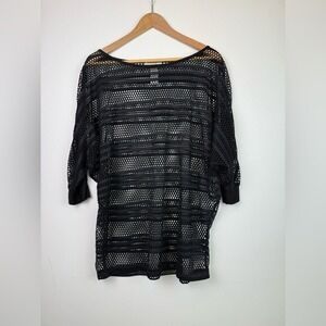 LA BLANCA Crochet Swimsuit Coverup Top Black 3/4 Sleeve Summer Vacation Sz Small